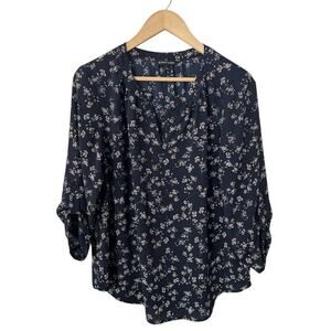 41 Hawthorn Blue Floral Blouse Roll Tab Sleeves Large